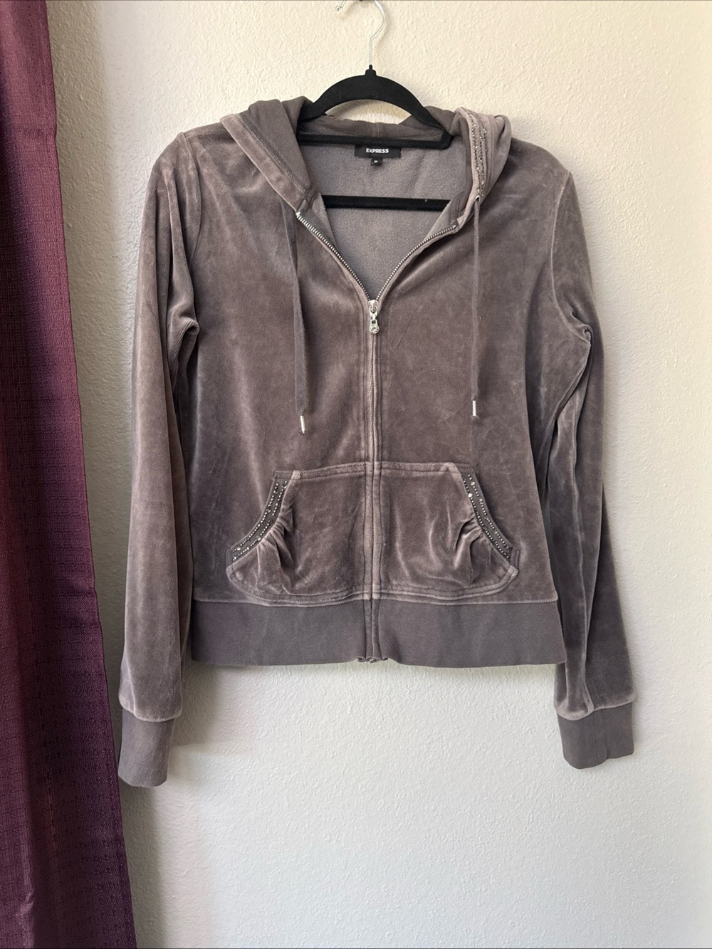 #842 Express Charcoal Gray Velvet Bling  Zip Up Hoodie Size Medium